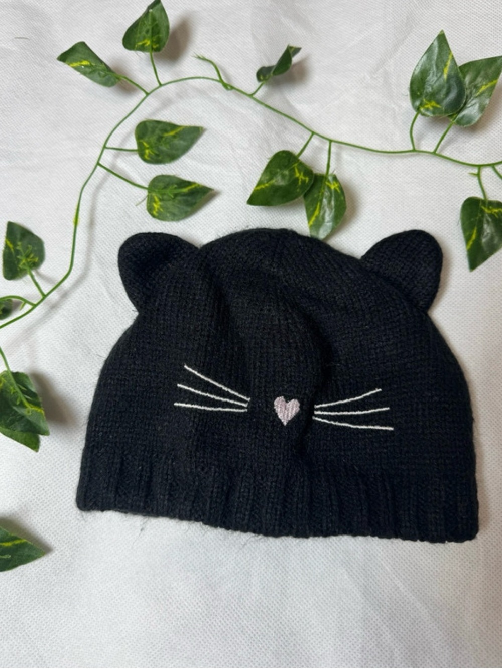 Kids Black Kitty Ear Knit Beanie with Heart Whisker Detail